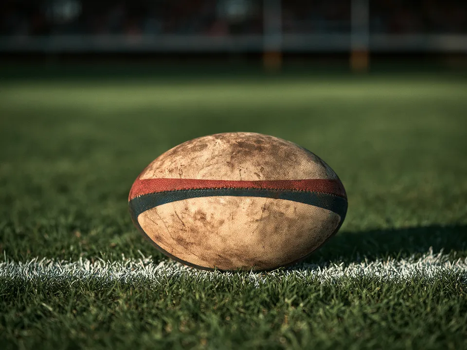 Ballon de rugby posé sur la ligne d’essai tracée à la craie