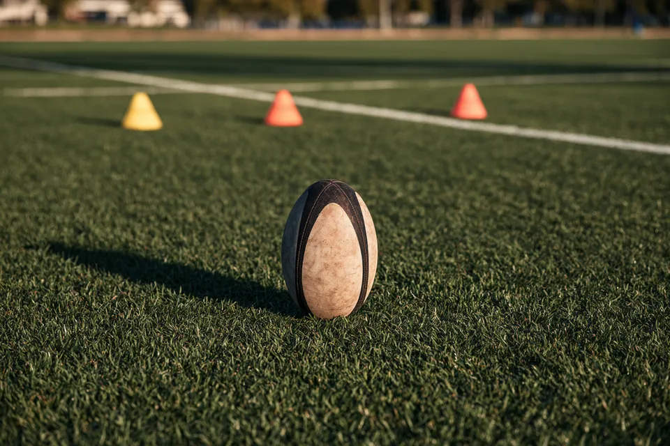 Plots d’entraînement et ballon ovale disposés sur un terrain de rugby dans la lumière du matin