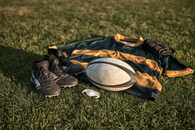 Équipement de rugby posé sur l’herbe : crampons moulés, ballon ovale, protège-dents et épaulière