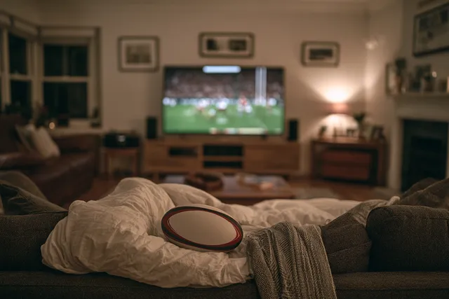 Salon préparé pour un soir de match, ballon ovale et écharpe sur le canapé devant un téléviseur allumé